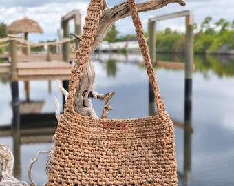 Tan Crochet Shoulder Bag, Upcycled Plarn Purse, Handmade Boho Coastal Handbag