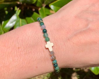 Indian Agate Beaded Stone Cross Bracelet - Stone Cross bracelets - Agate bracelet - Christian stone bracelets - minimalist Cross bracelet