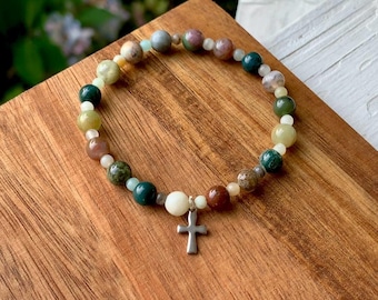 Indian Agate Stone Cross Bracelet - Natural Stone Christian Bracelet - Stone Cross Bracelet - Christian Bracelets - Cross Beaded Bracelet