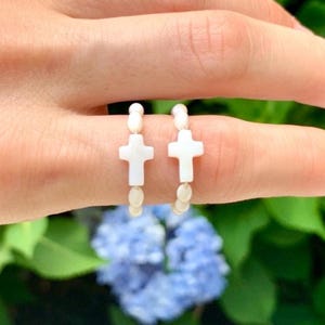 Dainty Shell Christian Cross Rings - White beaded cross rings - Beaded cross rings - dainty Christian rings - beaded shell rings for women