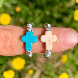 Stein Kreuz Drahtring | Christliche Ringe | Frauen Kreuz Ring | Christian Kreuz Ringe | Blau Weiß Kreuz Ring |Kreuz Ringe| Boho Kreuz Ring