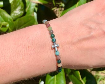 Indian Agate Beaded Stone Cross Bracelet - Stone Cross bracelets - Agate bracelet - Christian stone bracelets - minimalist Cross bracelet