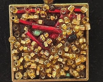 Square Pendant Necklace Beads Baubles Art Bronze Gold Red