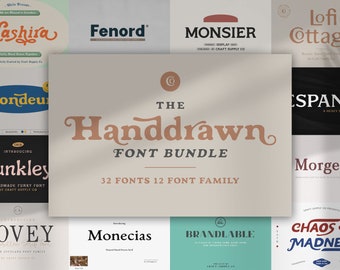 May include: A collage of 12 different hand-drawn font styles, each with a unique name and design. The fonts are displayed in a variety of colors and sizes, and the text "The Handdrawn Font Bundle" is featured in the center of the image. The bundle includes 32 fonts in total.