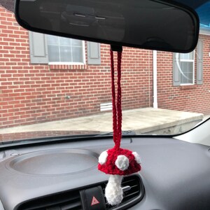 homemade crochet mushroom car charm
