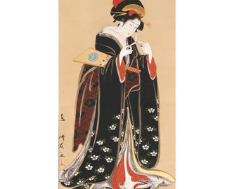 Panoramic Japanese Painting of a Geisha Woman in a Black Kimono Robe with a Ninja Star Giclee Printed on Fine Art Paper or Maple Wood Board