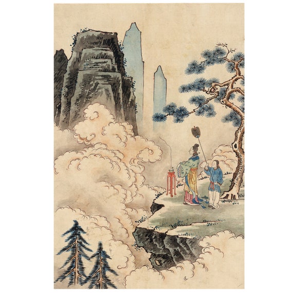 Antique Asian Old Japanese Painting or Print of an Ancient Ceremony on a  Misty Mountain Landscape Printed on Fine Art Paper or Maple Wood 