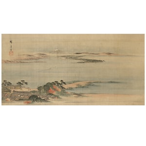 Japanese Painting or Wood Block Panoramic Landscape Print of an Ocean Village and Mt Fuji in the Distance on Fine Art Paper or Maple Wood