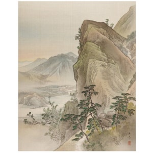 Japanese Fine Art Print of a Japanese Mountain Landscape from an Asian Old Watercolor Painting Printed on Fine Art Paper or Maple Wood Board