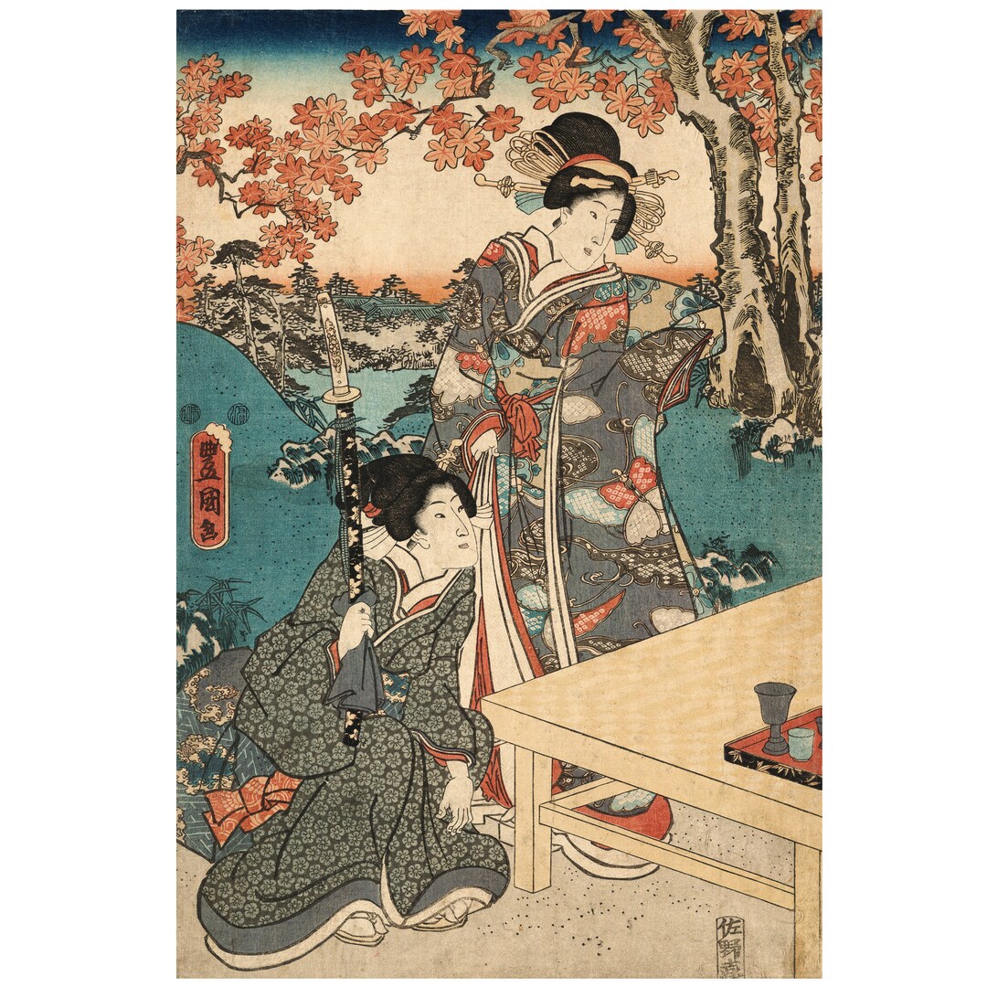 Old Japanese Painting of Two Geishas Under Maple Tree in Autumn Printed ...
