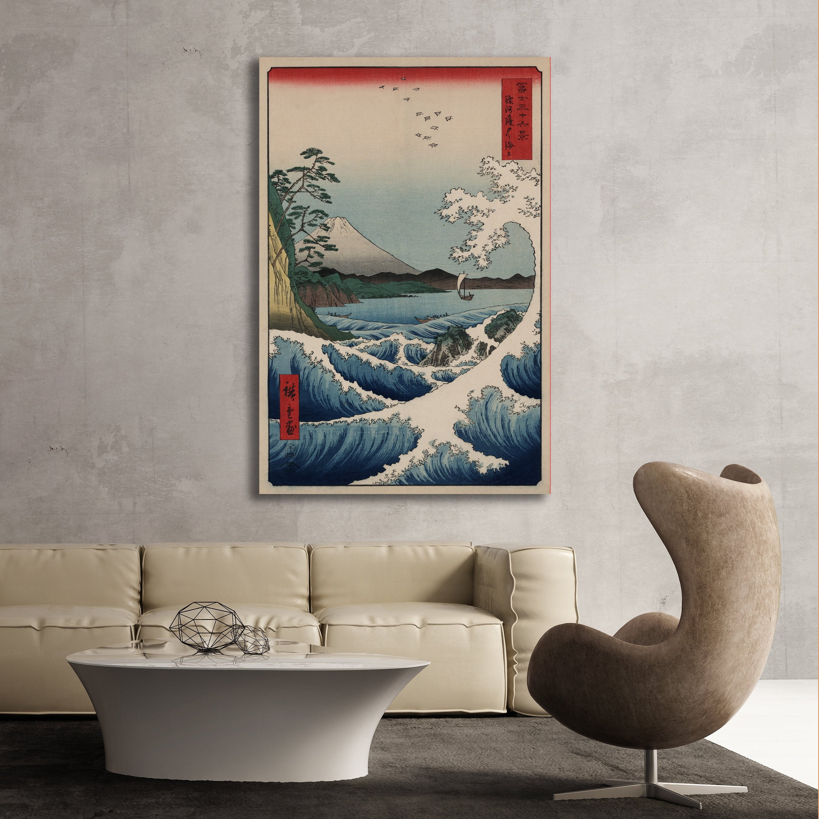 Antique Asian Old Japanese Wood Block Print Painting of Crashing Wave and Mt Fuji Printed on Fine Art Paper or Maple Wood