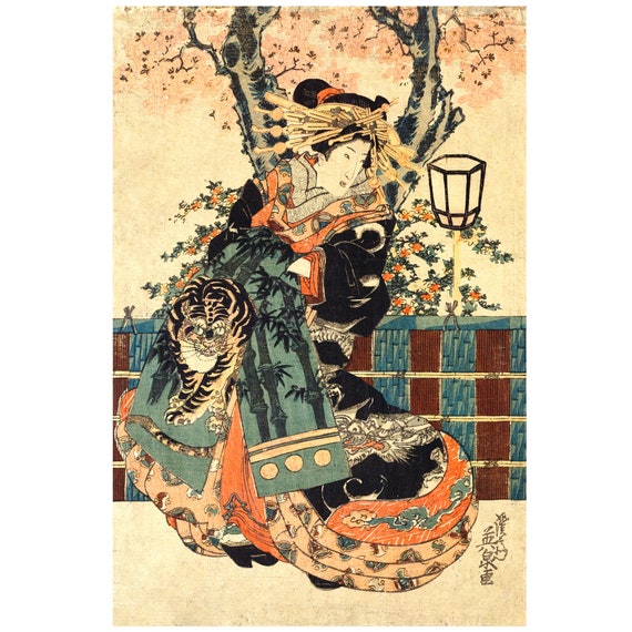 Antique Asian Old Japanese Painting of a Geisha With a Tiger and Dragon  Dress Under a Cherry Blossom Printed on Fine Art Paper or Maple Wood 