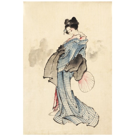 Old Japanese Watercolor Painting of a Geisha Woman in Her Kimono