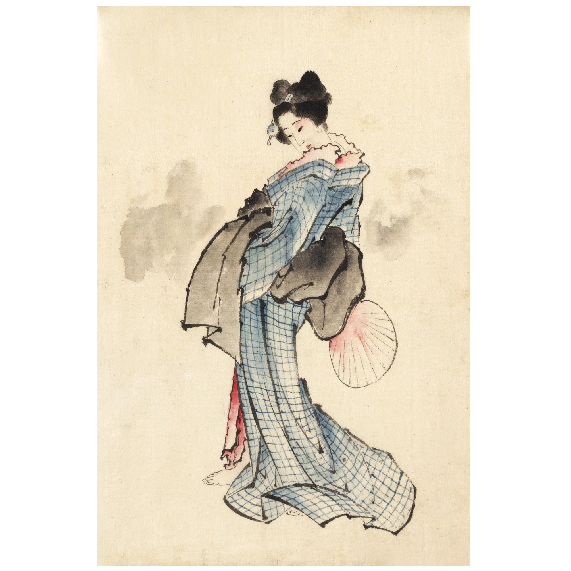 Old Japanese Watercolor Painting of a Geisha Woman in Her Kimono Giclee  Printed on Fine Art Paper or Maple Wood Board 