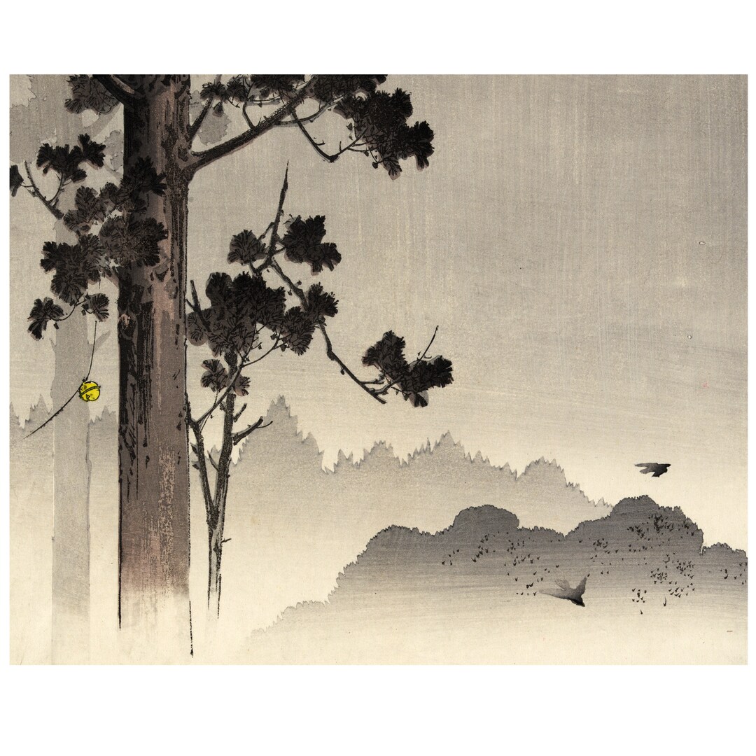 Old Asian Japanese Black & White Wood Block Print or
