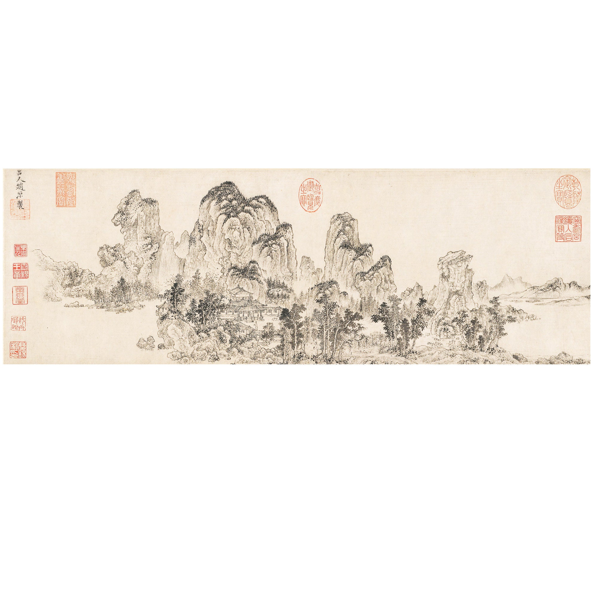 Old Asian Japanese Black and White Pen and Ink Watercolor Panoramic Landscape Painting Fine Art Print on Fine Art Paper or Maple Wood Board