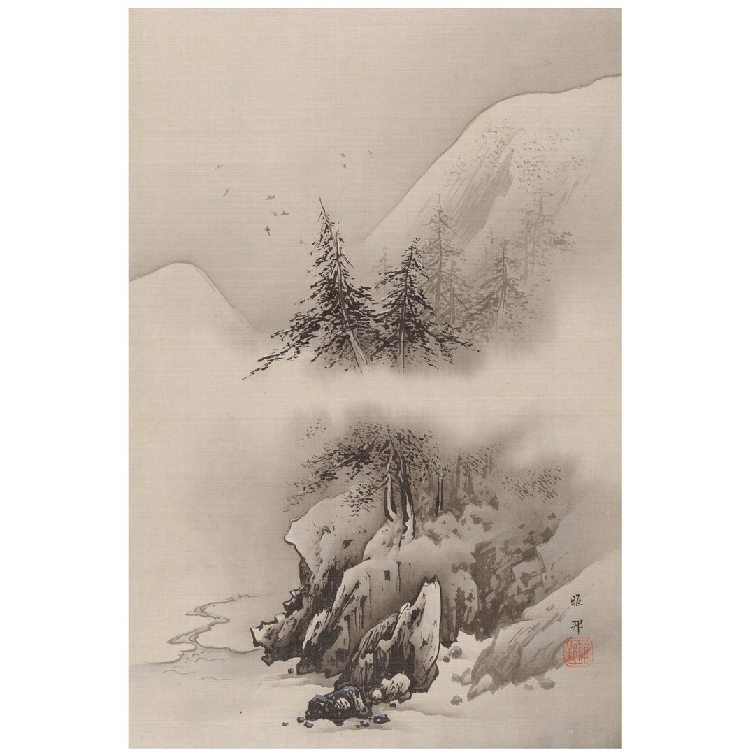 Japanese Fine Art Print of a Misty Mountain Rugged Costal Scene From an Old Japanese Watercolor