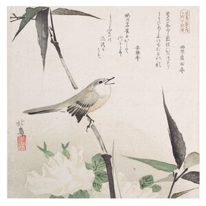 Square Japanese Fine Art Print of a Bird and a Haiku in Japanese Writing from a Painting Printed on Fine Art Paper or Maple Wood Board