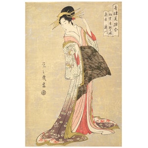 Japanese Fine Art Print of a Japanese Woman Geisha in a Kimono Robe from on old Painting Printed on Fine Art Paper or Maple Wood Board