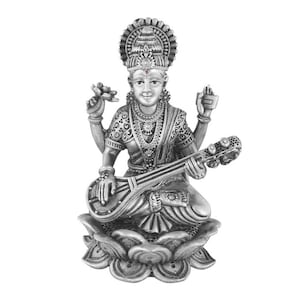 Silver 925 Maa Saraswati Idol – Divine Goddess Murti for Pooja, Décor for Home, Office & Gift. (150 GMS Approx).