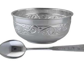 Pure Silver Bowl with Spoon 925 Sterling Silver for Babies Kids Feeding Servings/Katori with Spoon,  { NET WT 50 GMS Pure Silver}