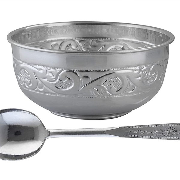 Pure Silver Bowl with Spoon 925 Sterling Silver for Babies Kids Feeding Servings/Katori with Spoon,  { NET WT 50 GMS Pure Silver}