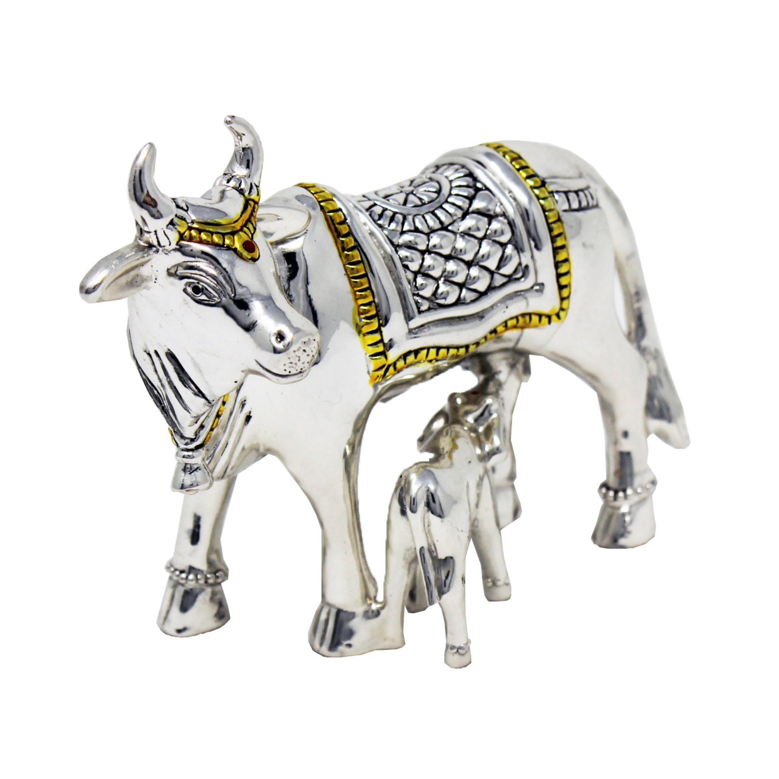 Pure Silver 999 Statue Kamdhenu Cow With Calf, for Puja Temple Good
