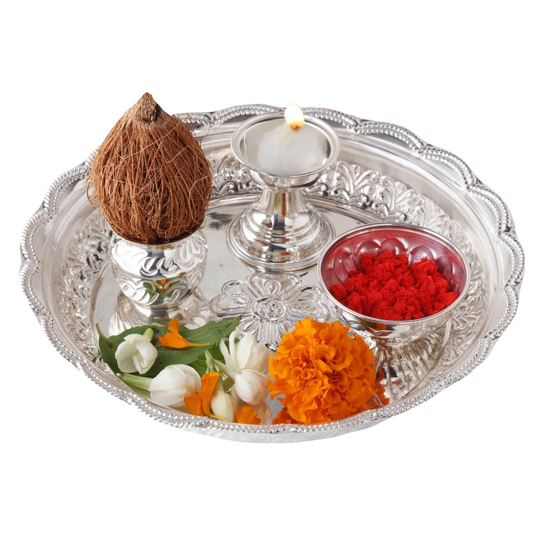 Pure Silver Puja Thali Set Plate Katori diya loti Net Weight 105110
