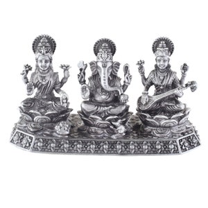 925 Sterling Silver Ganesh Laxmi Saraswati Idol: Antique Trimurti Murti