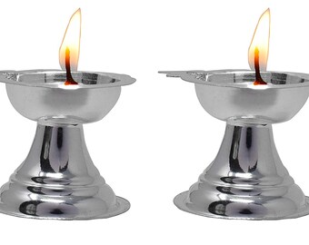 Pure Sterling Silver 2 Pair Diya for Diwali Puja Dhanteras, Mandir Oil Lamps in 925 Precious Silver { NET WT 20 GMS}