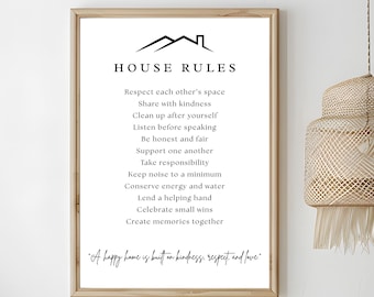 Arte de pared imprimible con reglas de la casa, impresión de cita minimalista, letrero con reglas familiares, decoración editable para casa compartida, impresión para anfitriones de Airbnb, descarga digital.