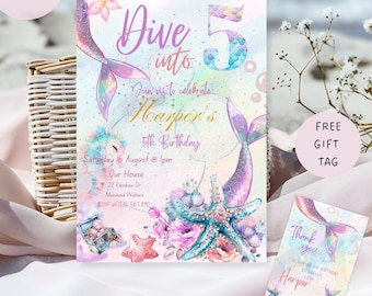 Mermaid Tail Birthday Invitation, Dive into Five Under the Sea Party, pink Purple Glitter Tail, Editable Mermaid Party, Instant Download