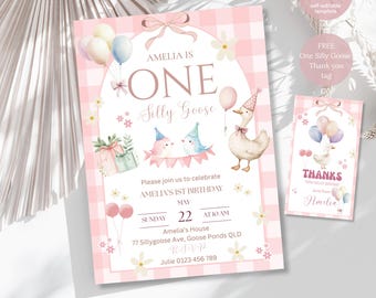 One Silly Goose First Birthday Invitation, Editable 1st Birthday invitation template Party, Pink Gingham Party Invite, Girls 1st Birthday