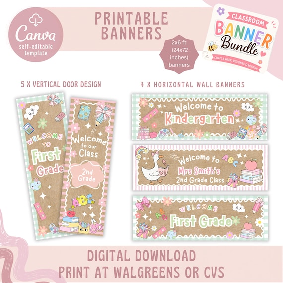 Editable Classroom Banner Bundle, Printable School Banners, Back to School Canva Template, Teacher Welcome Banner, Door Banner,