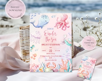 Faire-part 1er anniversaire sous la mer : aquarelle d'animaux marins (Modèle PDF)