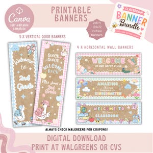 May include: A set of printable classroom banners featuring five vertical door banners and three horizontal wall banners. The designs include kraft paper backgrounds, pastel gingham borders, and illustrations of ducks, apples, and school supplies with text like Welcome to 2nd Grade and Welcome to Our Happy Place.