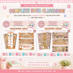Peut inclure: Un graphique marketing num&eacute;rique pr&eacute;sentant deux ensembles de banni&egrave;res de classe imprimables pour Thanksgiving et Halloween. L'image contient du texte, notamment COMPLETE YOUR CLASSROOM, PRINTABLE BANNERS, et divers motifs de banni&egrave;res illustr&eacute;s.