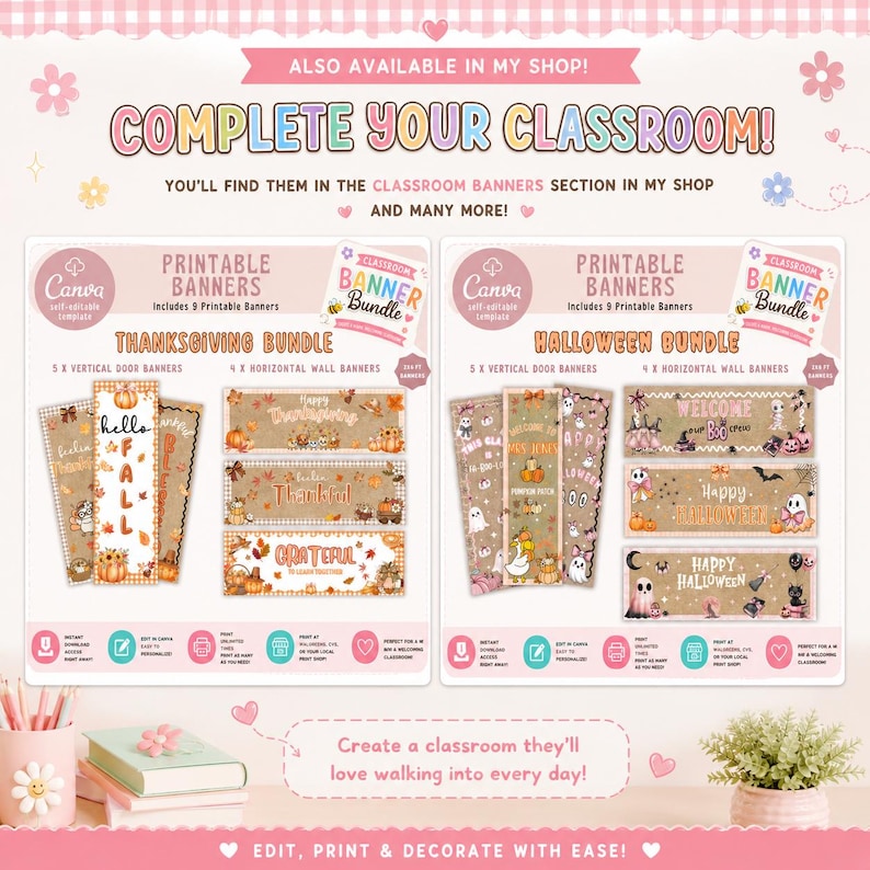 Peut inclure: Un graphique marketing num&eacute;rique pr&eacute;sentant deux ensembles de banni&egrave;res de classe imprimables pour Thanksgiving et Halloween. L'image contient du texte, notamment COMPLETE YOUR CLASSROOM, PRINTABLE BANNERS, et divers motifs de banni&egrave;res illustr&eacute;s.