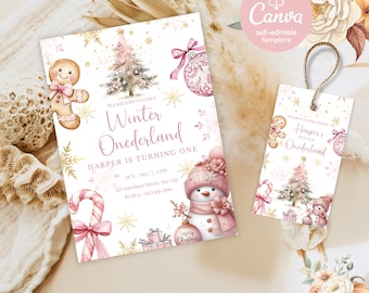 May include: A winter-themed invitation and tag set. The invitation features a gingerbread man, Christmas tree, and snowman. The tag has a gingerbread man, Christmas tree, and a snowman. The text reads "Winter Onederland".