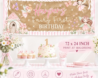 Banner de primer cumpleaños de hadas para niña. Decoración de cuento de hadas para el primer cumpleaños, banner de cumpleaños de hadas, fiesta mágica de primer cumpleaños, plantilla editable de Canva.