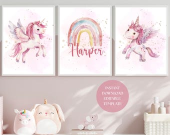 ユニコーン保育園プリント、パーソナライズされた花柄ウォールアート