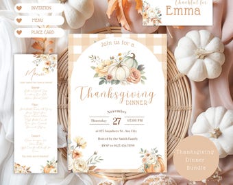May include: Thanksgiving dinner bundle with invitation, menu, and place card. The invitation features a floral and pumpkin design with the text "Thanksgiving Dinner" and the date. White pumpkins and fall foliage complete the autumn theme.