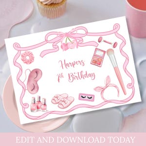 Spa-Party-Tischset, Glam Make-up-Party, bearbeitbares Pamper-Geburtstagsgeschenk, Mädchen-Geburtstagsfeier, Kinderaktivität, druckbares Spa-Partythema