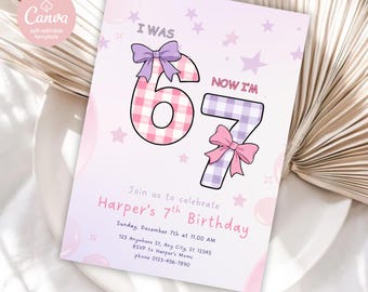 6-7 Birthday Invitation for Girls, Editable Six Seven Party Invitation, 7th Birthday Invite, Girl 7th Birthday Invite, Digital Download