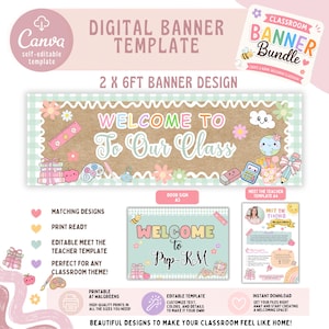 May include: A digital classroom banner template set featuring a 2x6ft banner design with a light green gingham border, a kraft paper background, and school-themed illustrations. Includes a door sign and a meet the teacher template with text.