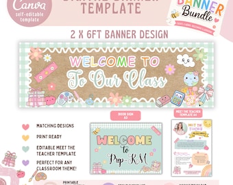 Modèle de toile pour lot de décorations de salle de classe | Modèle A4 à la rencontre du professeur | Bannière pour la classe 72 x 24 | Plaque de porte pour professeur A3 | Déco pour la rentrée