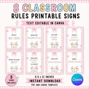 Könnte beinhalten: Ein Set aus 8 druckbaren Klassenzimmer-Regelschildern mit rosa Vichy-Karo-Rand, einer rosa Schleife und Enten-Illustrationen. Der Text umfasst: 8 CLASSROOM RULES PRINTABLE SIGNS, TEXT EDITABLE IN CANVA, 8.5 x 11 INCHES, INSTANT DOWNLOAD, PDF AND CANVA TEMPLATE.