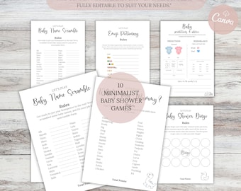 Baby Shower Games Bundle, 10 Minimalist Gender Neutral Baby Shower Games, Baby Bingo, Baby Predictions, Printable Baby Shower Party Games