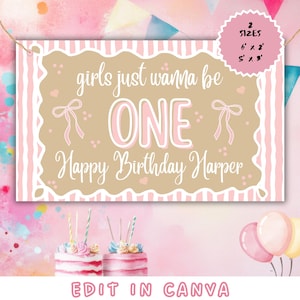 Pode incluir: Uma faixa de aniversário retangular com um centro bege e bordas listradas em rosa e branco. O texto diz girls just wanna be ONE e Happy Birthday Harper, decorado com laços e corações rosas. Um emblema circular rosa indica os tamanhos 6' x 2' e 5' x 3'.