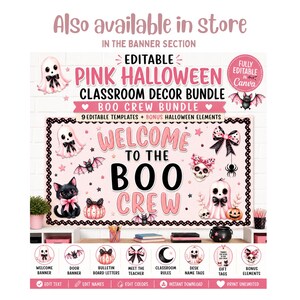 Peut inclure: Un ensemble de d&eacute;coration de classe Halloween rose modifiable avec le texte Welcome to the Boo Crew. Le design comprend des illustrations de fant&ocirc;mes, chauves-souris, chat noir, cr&acirc;nes, citrouilles et araign&eacute;es en rose et noir, avec neuf mod&egrave;les.
